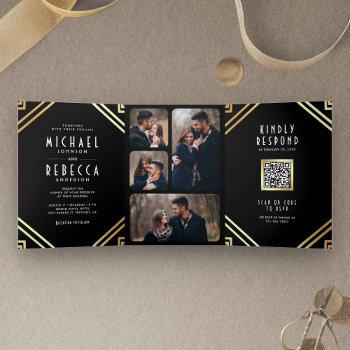 geometric art deco black gold qr code wedding tri-fold invitation
