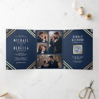 geometric art deco navy blue gold qr code wedding tri-fold invitation