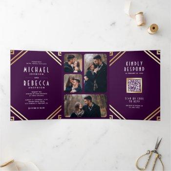 Small Geometric Art Deco Purple Gold Qr Code Wedding Tri-fold Front View