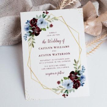 geometric burgundy & dusty blue floral wedding invitation
