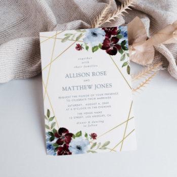 geometric floral burgundy dusty blue wedding invitation