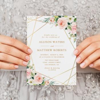 geometric gold frame pink blush floral wedding invitation