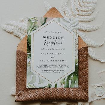 geometric gold tropical greenery wedding reception invitation