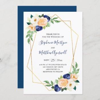 geometric navy blue peach coral floral wedding invitation