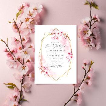 geometric pink spring cherry blossom wedding invitation