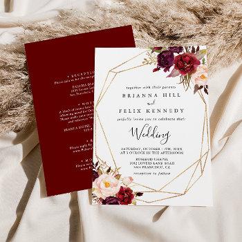 geometric rustic boho floral front & back wedding invitation