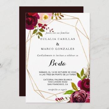 geometric rustic burgundy floral spanish wedding invitation