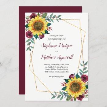 geometric sunflower burgundy roses floral wedding invitation