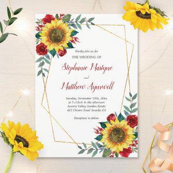 geometric sunflower red roses floral wedding invitation