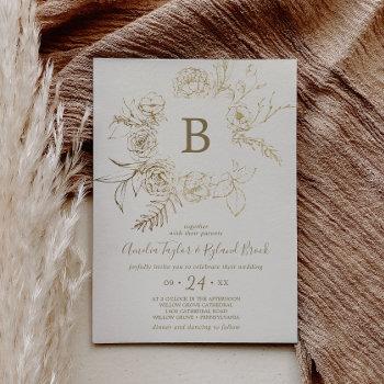 gilded floral | cream and gold monogram wedding invitation