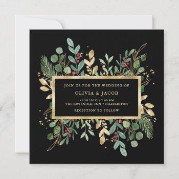 gilded greenery on black | christmas wedding invitation
