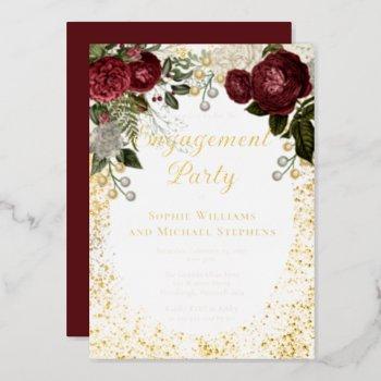 glam burgundy rose floral engagement party foil invitation