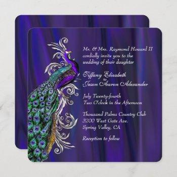 glam purple satin and peacock wedding invitation