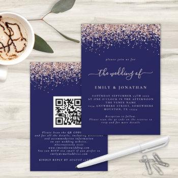 Small Glam Rose Gold Glitter Qr Code Navy Blush Wedding Front View