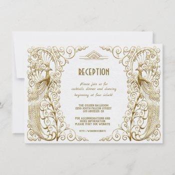 glam white gold art deco peacock wedding reception invitation