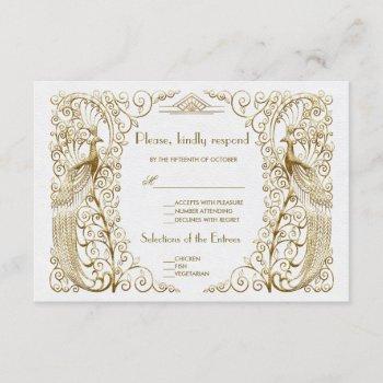 Small Glam White Gold Art Deco Peacocks Wedding Rsvp Front View