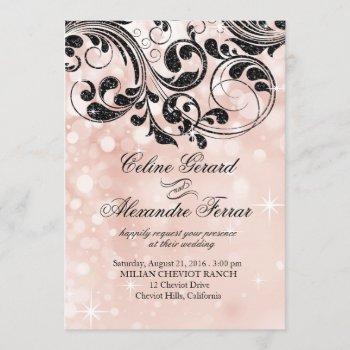 glitter curlicues on faux metallic bokeh pink invitation