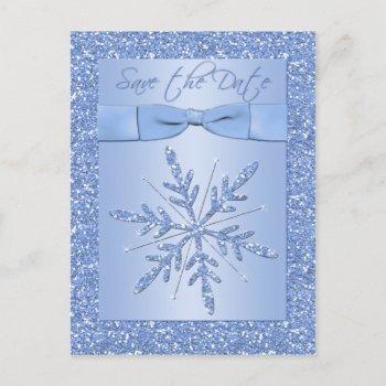 Small Glittery Blue Snowflake Save The Date Post Front View
