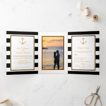 gold anchor black & white stripe wedding suite tri-fold invitation