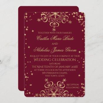 Small Gold And Burgundy Winter Wedding Snowflakes Front View