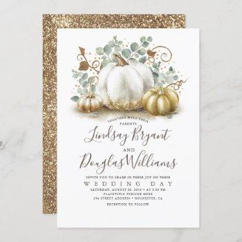 gold and white pumpkins rustic modern fall wedding invitation