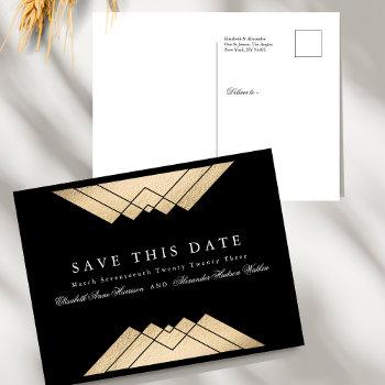 gold black geometric gatsby foil save the date announcement postcard