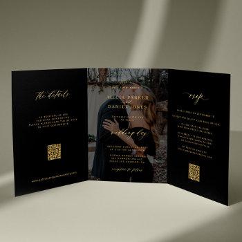 gold black photo wedding rsvp details qr code  tri-fold invitation