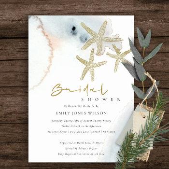 Small Gold Blue Beachy Starfish Baby Shower Invite Front View