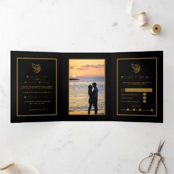 gold butterfly, black & gold wedding suite tri-fold invitation