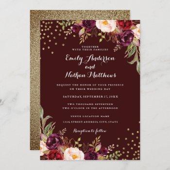 Small Gold Confetti Burgundy Floral Wedding Front View