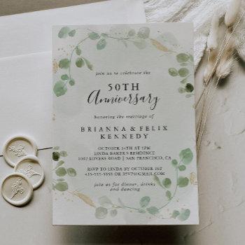gold confetti eucalyptus 50th wedding anniversary invitation