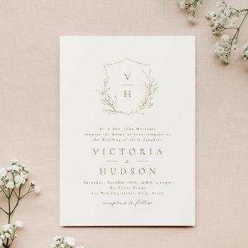 gold cream simple botanical crest monogram wedding invitation