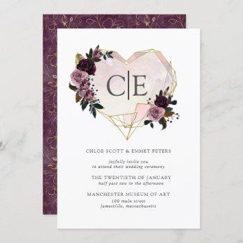 Small Gold Crystal Heart Pink Purple Floral Wedding Front View