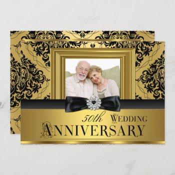 gold damask bow photo 50th wedding anniversary 3 invitation