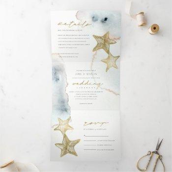 gold dusky blue beachy starfish watercolor wedding tri-fold invitation