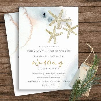 Small Gold Dusky Blue Beachy Starfish Wedding Invite Front View
