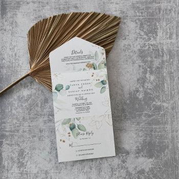 gold eucalyptus calligraphy wedding   all in one invitation
