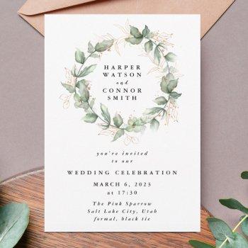 gold eucalyptus wedding wreath greenery moss sages invitation