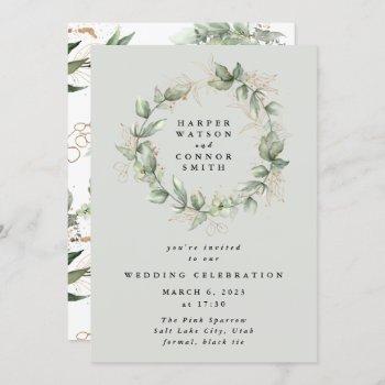 gold eucalyptus wreath green sea glass wedding invitation