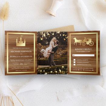 gold fairytale castle princess carriage wedding tri-fold invitation