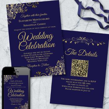 gold filigree on navy blue elegant qr code wedding invitation