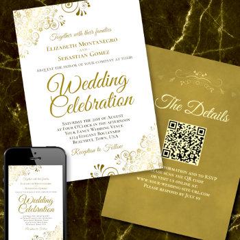 Small Gold Filigree On White Elegant Qr Code Wedding Front View
