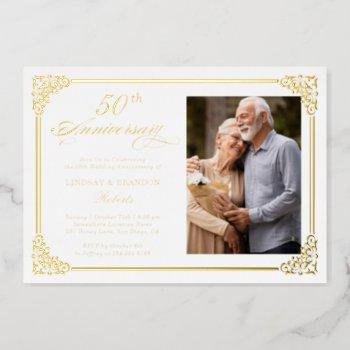 gold foil damask frame wedding anniversary photo foil invitation