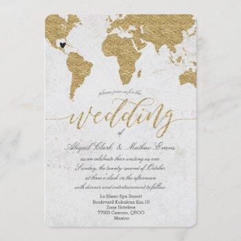 gold foil world map destination wedding invitation