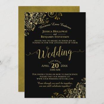 gold frills black virtual wedding livestream invitation