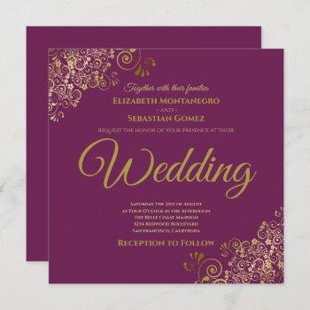 gold frills cassis purple elegant square wedding invitation