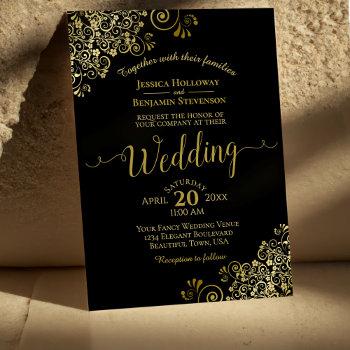 gold frills elegant black wedding invitation
