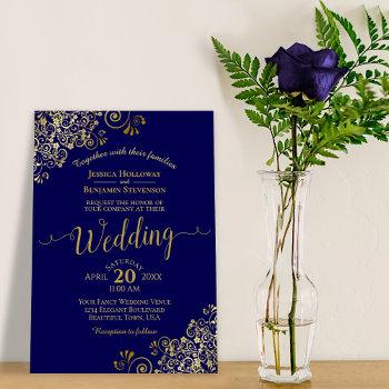 gold frills elegant navy blue wedding invitation