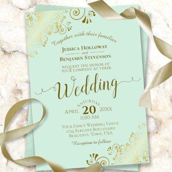 gold frills elegant neo mint green wedding invitation