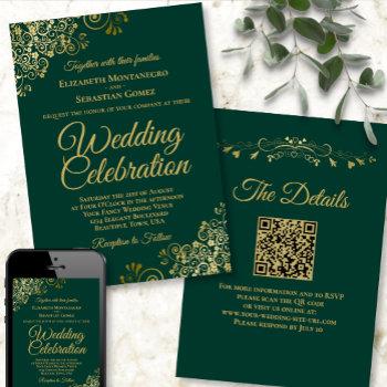 gold frills emerald green elegant qr code wedding invitation